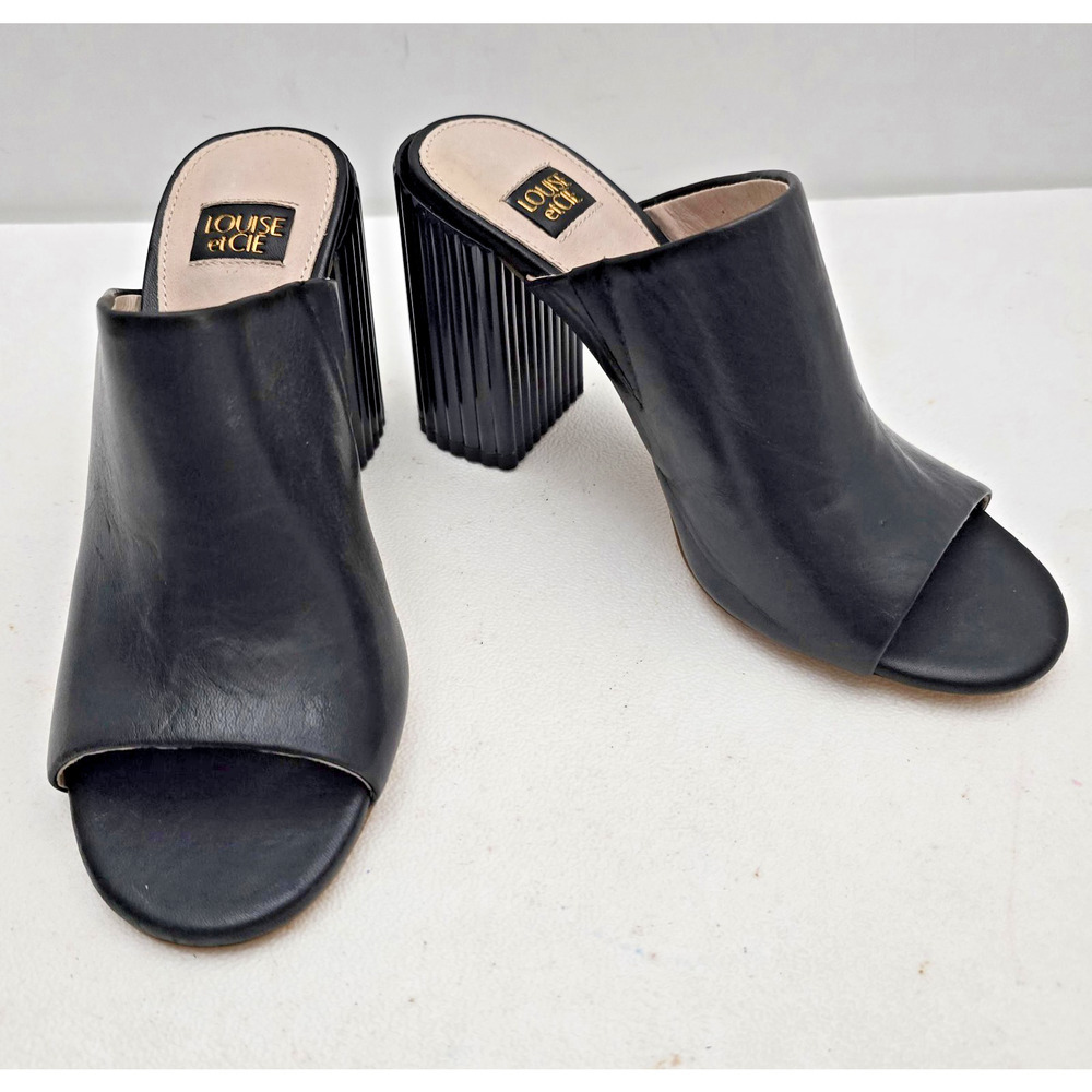 Louise et Cie Lillia Black Leather Block Scalloped Heel Mule Women's Sz 5M New